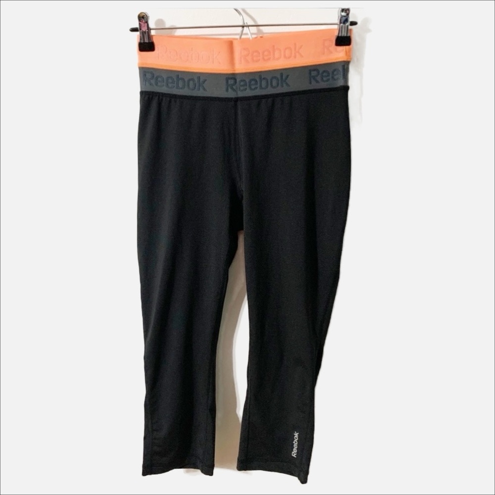 Reebok Aspire Skin Capri Compression Athletic Workout Leggings Pants 🖤🩶🧡
